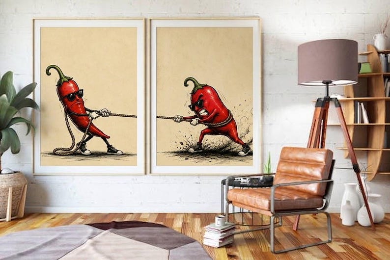 May include: Two framed wall art prints featuring a red chilli pepper character wearing sunglasses and black trainers. In the left print, the chilli pulls a rope calmly, while in the right print, the chilli pulls the rope with an angry expression.