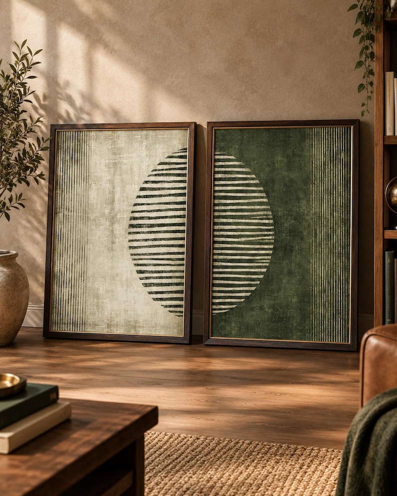 Puede incluir: Dos cuadros rectangulares enmarcados con una superficie texturizada y una gran forma semicircular compuesta por l&iacute;neas horizontales. Una pieza tiene un fondo beige claro, mientras que la otra tiene un fondo verde bosque profundo.