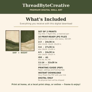 May include: A digital wall art set titled ThreadByteCreative featuring two landscape prints, Day Hills and Night Hills. The text lists 10 print-ready JPG files in various ratios including 2:3, 3:4, 4:5, ISO A1, and 11:14, plus a printing guide PDF.
