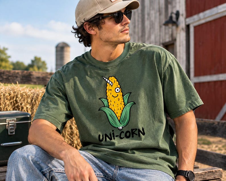 May include: An olive green short-sleeve t-shirt featuring a graphic of a yellow corn cob with a white unicorn horn, a single eye, and a small smile. Below the graphic, the text "UNI-CORN" is printed in a bold, black, hand-drawn style font.