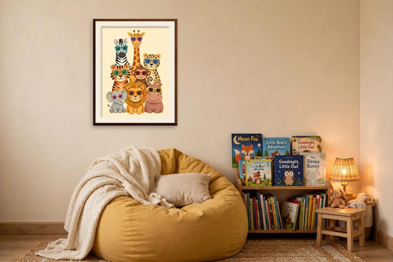 May include: A framed wall art print featuring a group of cartoon animals including a zebra, giraffe, leopard, tiger, monkey, lion, elephant, and hippo, all wearing colorful sunglasses, displayed in a room with a yellow beanbag chair.