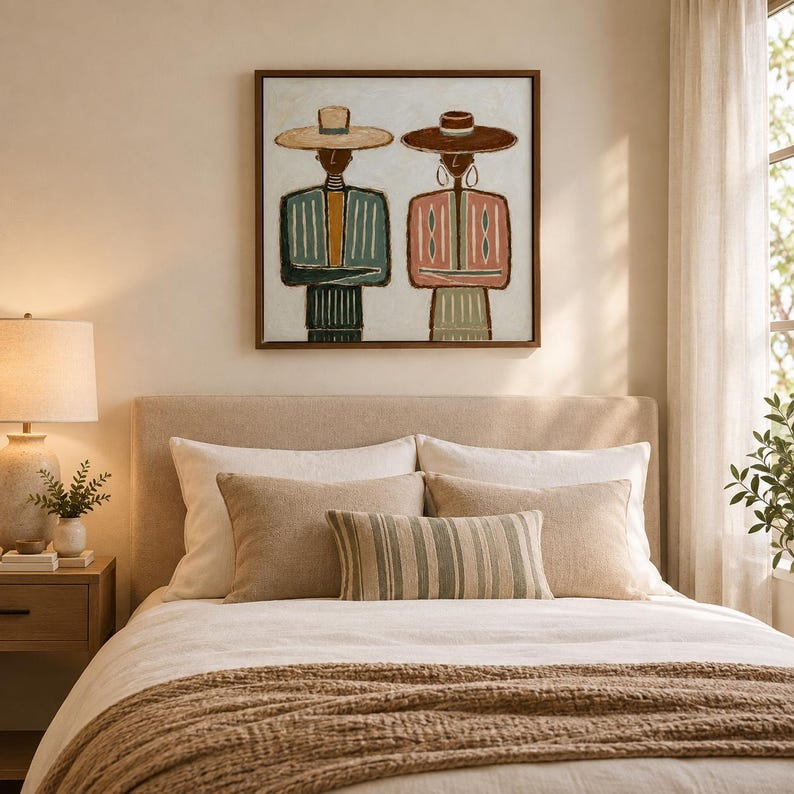 May include: A square framed wall art piece featuring a stylized illustration of two figures wearing wide-brimmed hats. The figure on the left wears a blue and yellow striped garment, while the figure on the right wears a pink and white patterned top.