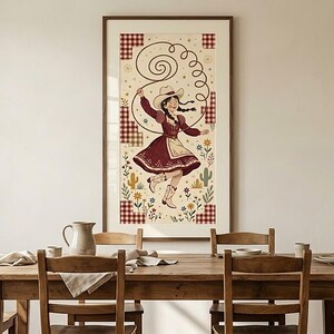 Cowgirl folk art print on a dining room wall above a rustic wooden table — burgundy western wall decor, digital download