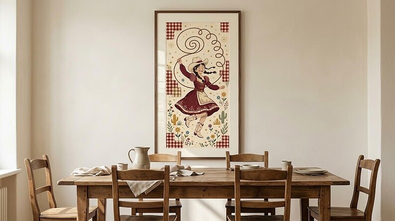 Cowgirl folk art print on a dining room wall above a rustic wooden table — burgundy western wall decor, digital download