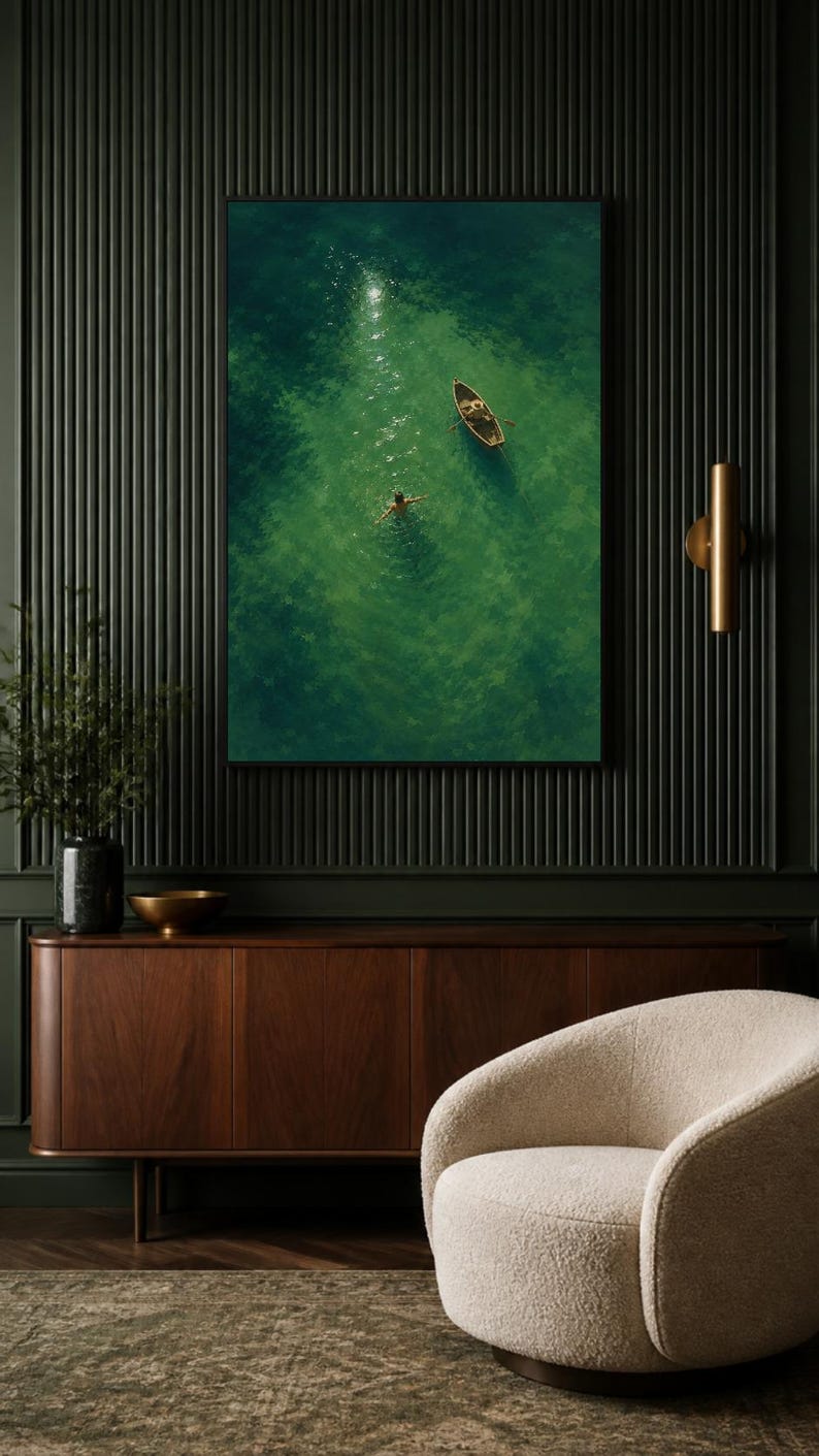 May include: A framed wall art print featuring an aerial view of a small wooden rowboat floating on vibrant green water with a person swimming nearby. The scene captures sunlight reflecting off the water surface, creating bright highlights in the sea.