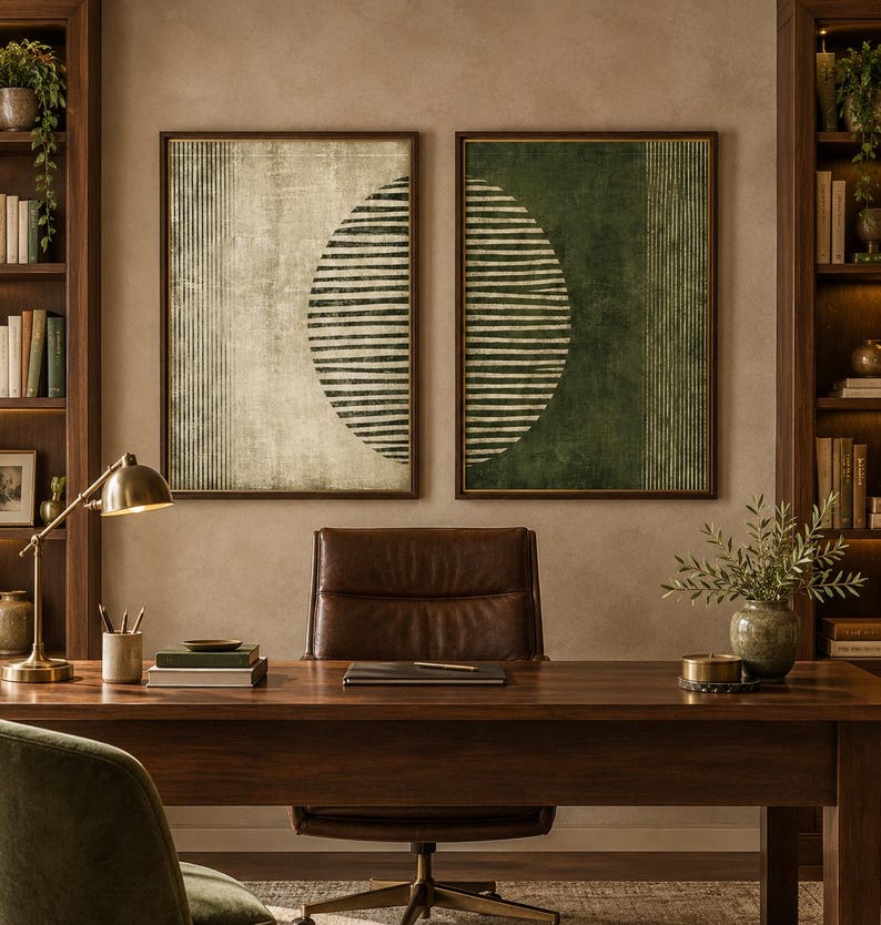 Puede incluir: Un par de cuadros rectangulares con dise&ntilde;os abstractos de l&iacute;neas verticales y una gran forma semicircular. La pieza de la izquierda es de color beige claro y la de la derecha es de color verde oscuro, ambas en marcos de madera marr&oacute;n oscuro.