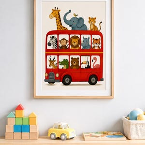 May include: A framed wall art print featuring a bright red double-decker bus filled with various illustrated animals, including a giraffe, elephant, monkey, lion, rhino, tiger, antelope, crocodile, bear, toucan, and flamingo in the windows.