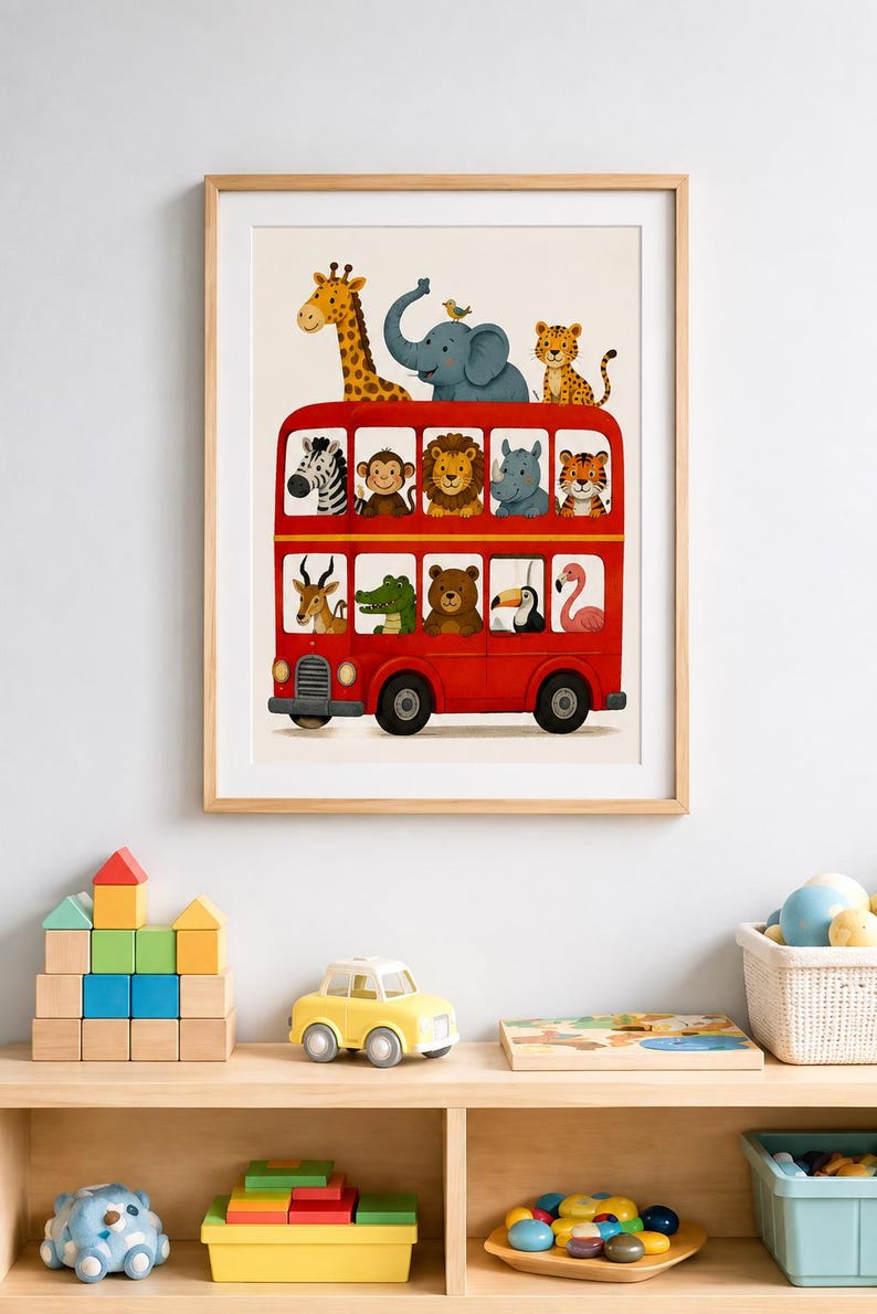 May include: A framed wall art print featuring a bright red double-decker bus filled with various illustrated animals, including a giraffe, elephant, monkey, lion, rhino, tiger, antelope, crocodile, bear, toucan, and flamingo in the windows.