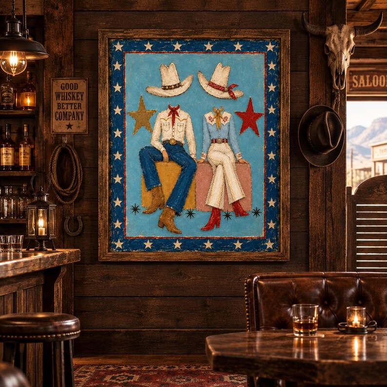 May include: A framed painting on a blue background featuring two headless figures in western attire, wearing cowboy hats, shirts, and boots, seated on blocks. The border is decorated with white stars, and a gold and red star flank the figures.
