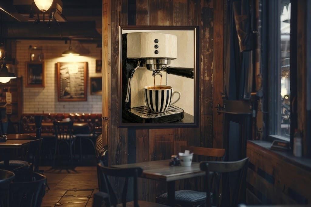 Coffee Wall Art Espresso Machine Painting, Striped Mug Kitchen Print photo 6