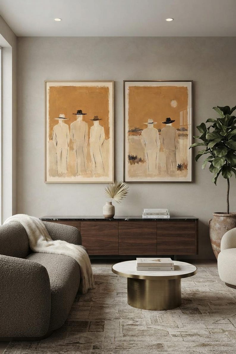 May include: Two rectangular framed wall art prints featuring abstract figures in hats against a warm ochre background. The left print displays three figures standing side by side, while the right print shows two figures in a landscape with a pale sun.