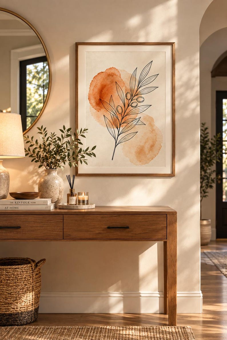 May include: A framed wall art print featuring a black line drawing of an olive branch with leaves and small olives, layered over two soft, watercolor-style orange circles on a cream background, enclosed in a simple light brown wooden frame.