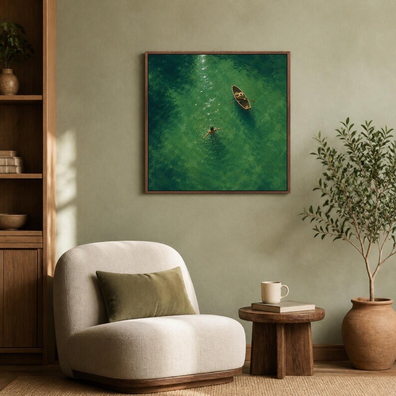 May include: A square framed wall art print featuring an aerial view of a small wooden rowboat floating on vibrant green water with a person swimming nearby. The scene captures the sunlight reflecting off the surface of the clear, deep green sea.