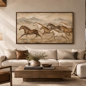 May include: A large rectangular wall art piece featuring a painting of a herd of horses running across a landscape with mountains in the background. The artwork uses a muted color palette of browns, tans, and creams, framed in a thin dark wood border.