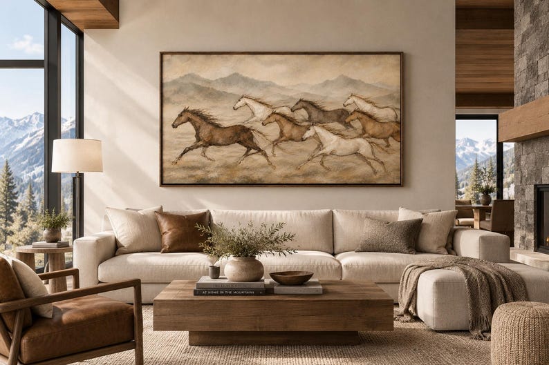 May include: A large rectangular wall art piece featuring a painting of a herd of horses running across a landscape with mountains in the background. The artwork uses a muted color palette of browns, tans, and creams, framed in a thin dark wood border.