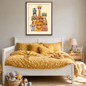 May include: A framed wall art print featuring a group of cartoon animals including a zebra, giraffe, leopard, tiger, monkey, lion, elephant, and hippo, all wearing colorful sunglasses, arranged in a stacked formation on a cream background.