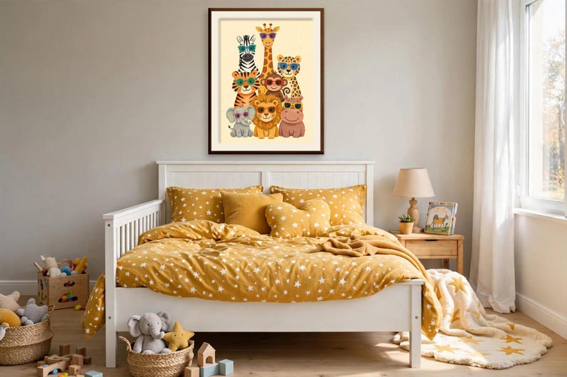 May include: A framed wall art print featuring a group of cartoon animals including a zebra, giraffe, leopard, tiger, monkey, lion, elephant, and hippo, all wearing colorful sunglasses, arranged in a stacked formation on a cream background.