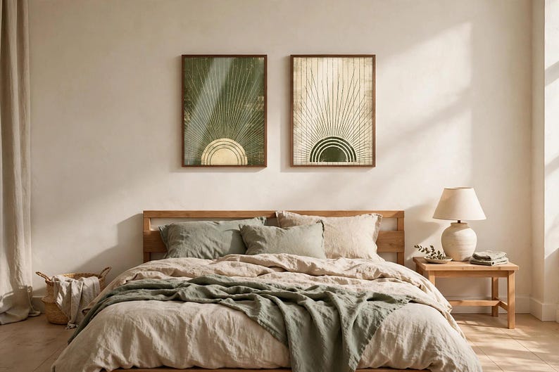 May include: Two rectangular wall art prints in dark wood frames hanging above a bed. The left print features a green background with a gold sunburst design. The right print features a cream background with a dark green sunburst design.