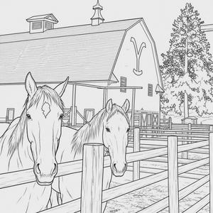 May include: A black and white line art colouring page featuring two horses standing behind a wooden fence. In the background, a large barn displays a prominent letter Y on its side, accompanied by a tall pine tree and a smaller shed structure.