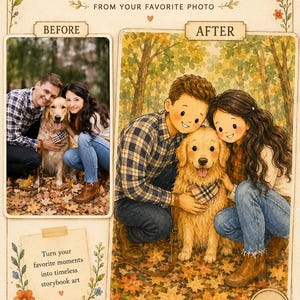 May include: A digital display showing a hand-painted storybook portrait service. It features a before-and-after comparison of a couple with a golden retriever in a forest setting, with text reading Hand-Painted Storybook Portrait and TBC.