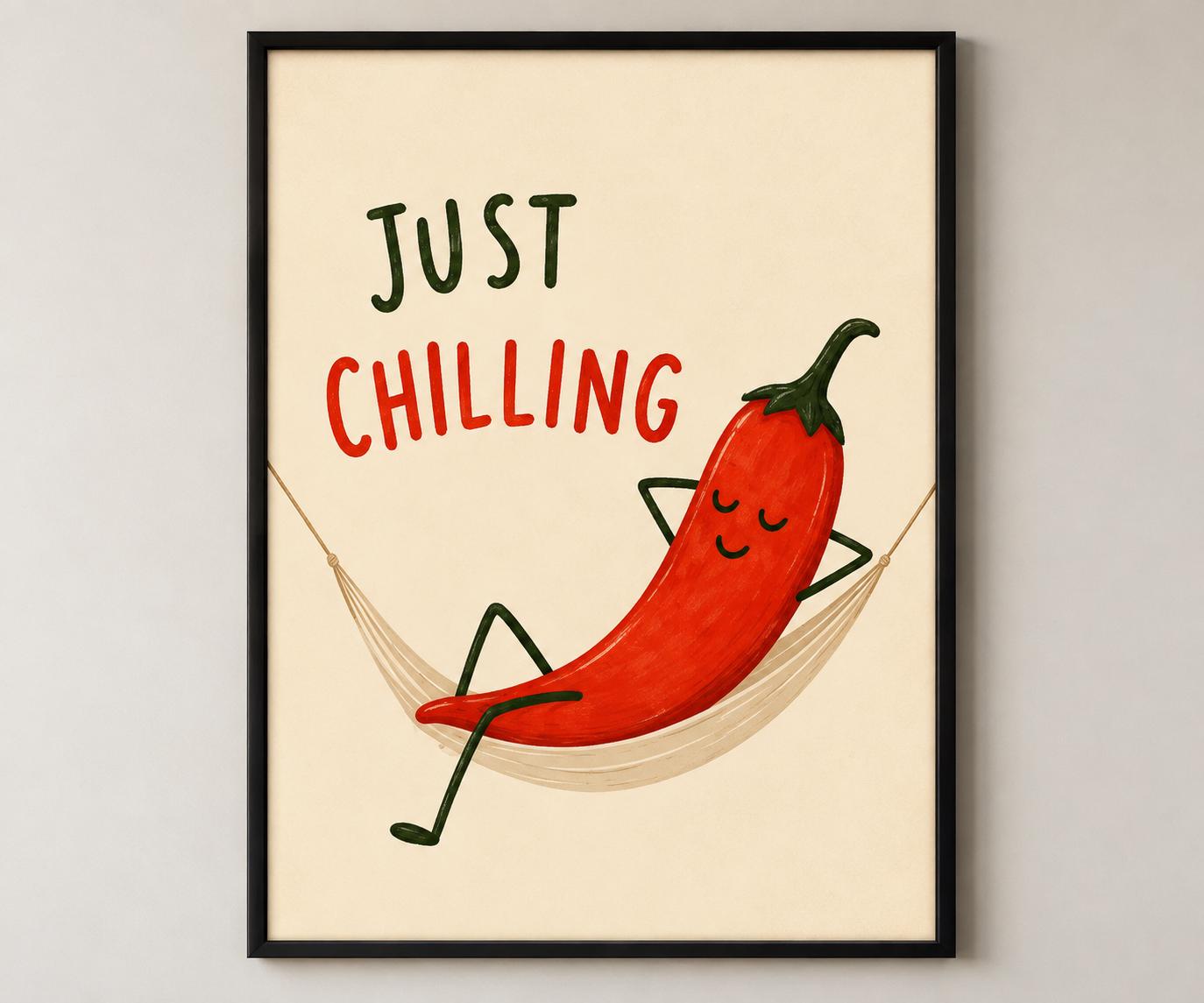 Funny Kitchen Wall Art – Chilli Pepper Print, Just Chilling Food Pun, Printable Download photo 2