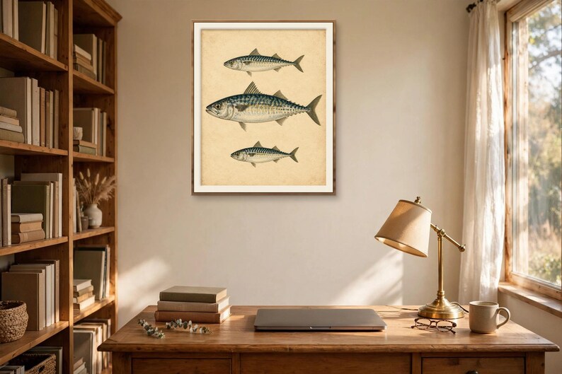 Antique mackerel fish print in a wood frame above a wooden desk with books and a brass lamp in a cosy study — vintage fishing wall art for a fisherman's office