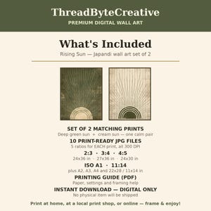 May include: A digital wall art set of two prints titled Rising Sun. One print features a deep green background with a cream sun, the other a cream background with a deep green sun. Both display radiating lines and concentric semicircles.