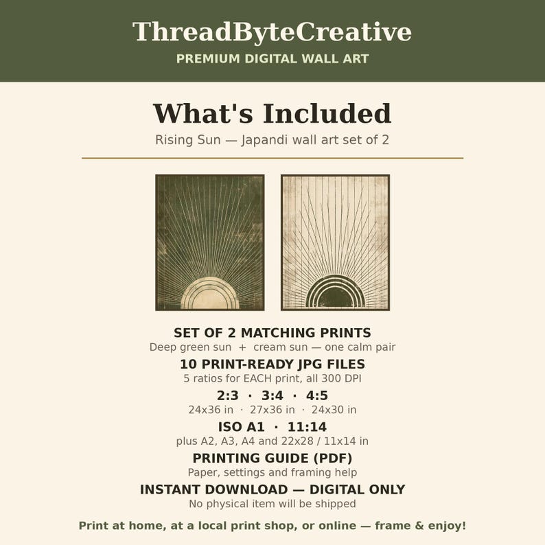 May include: A digital wall art set of two prints titled Rising Sun. One print features a deep green background with a cream sun, the other a cream background with a deep green sun. Both display radiating lines and concentric semicircles.