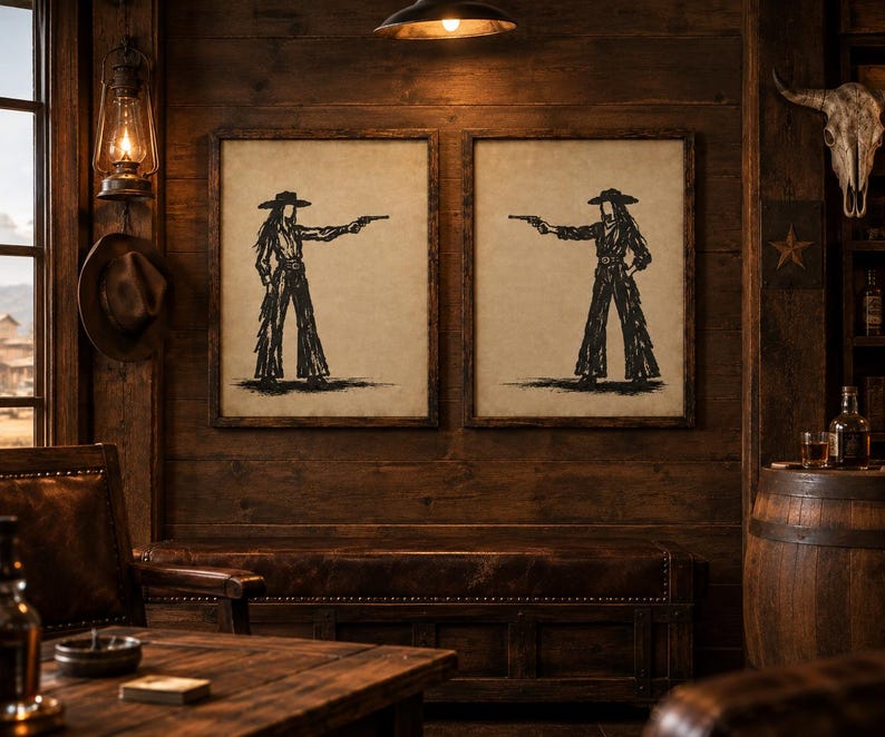 K&ouml;nnte beinhalten: Zwei gerahmte Wandbilder mit schwarzen Tuschezeichnungen einer Cowgirl-Figur mit Hut und Fransenhose, die einen Revolver h&auml;lt. Die Drucke befinden sich auf einem hellbeigen Hintergrund und sind in dunkle Holzrahmen gefasst, nebeneinander platziert.