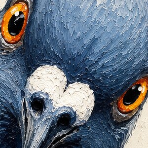 May include: An oil painting of a pigeon head featuring thick, textured impasto brushstrokes in shades of blue, grey, and green. The bird has prominent, bright orange eyes with black pupils and a white cere above its dark, pointed beak.