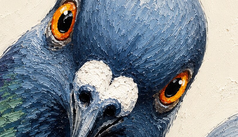 May include: An oil painting of a pigeon head featuring thick, textured impasto brushstrokes in shades of blue, grey, and green. The bird has prominent, bright orange eyes with black pupils and a white cere above its dark, pointed beak.