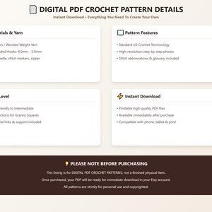 May include: A digital PDF crochet pattern information sheet. Sections include Materials & Yarn, Pattern Features, Skill Level, and Instant Download. It specifies 100% cotton worsted weight yarn, 4.0mm-5.0mm hooks, and US terminology. A note states this is a digital pattern.
