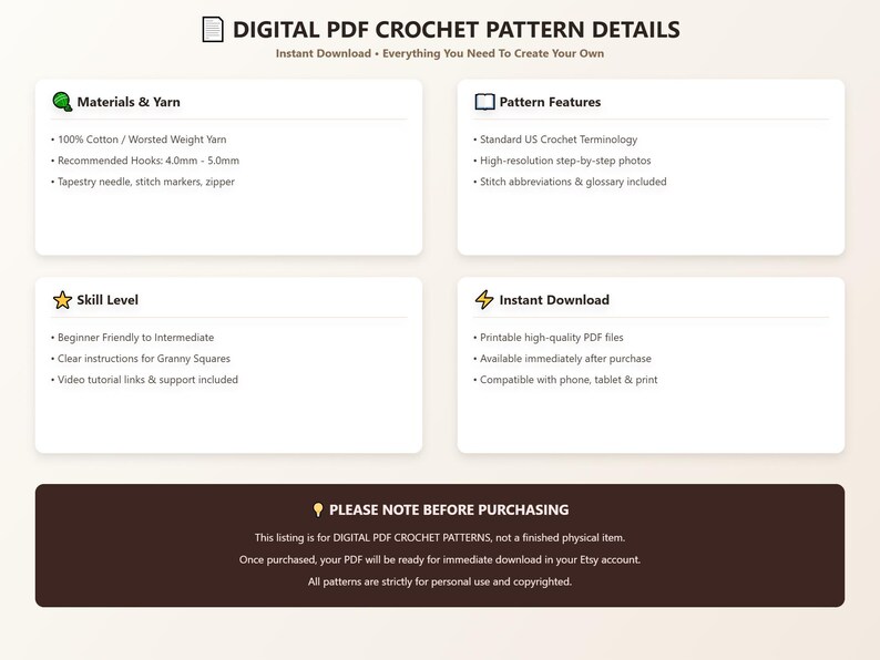 May include: A digital PDF crochet pattern information sheet. Sections include Materials & Yarn, Pattern Features, Skill Level, and Instant Download. It specifies 100% cotton worsted weight yarn, 4.0mm-5.0mm hooks, and US terminology. A note states this is a digital pattern.
