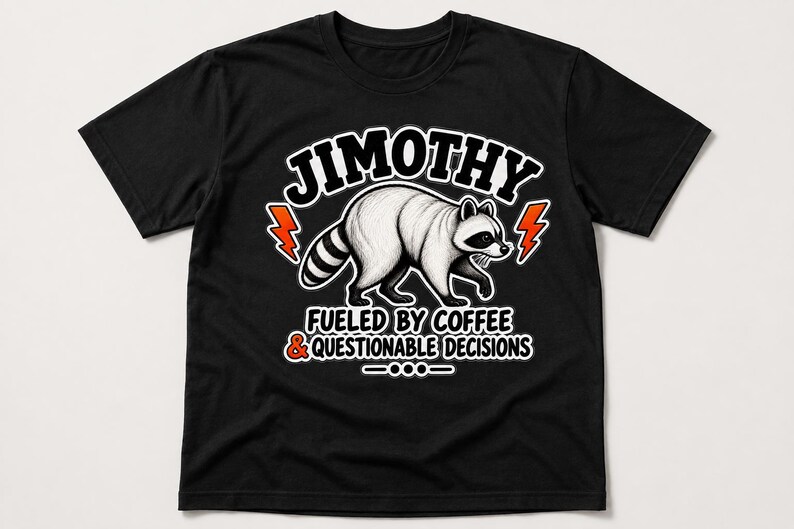 May include: A black short-sleeved t-shirt featuring a graphic of a raccoon in the centre. Above the raccoon is the text JIMOTHY in white. Below the raccoon is the text FUELED BY COFFEE & QUESTIONABLE DECISIONS in white with orange accents.