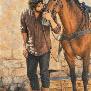 May include: A coloured pencil drawing of a person with curly dark hair wearing a brown button-down shirt, black trousers, and brown leather boots, standing next to a brown horse with a black bridle and saddle, set against a textured stone wall.