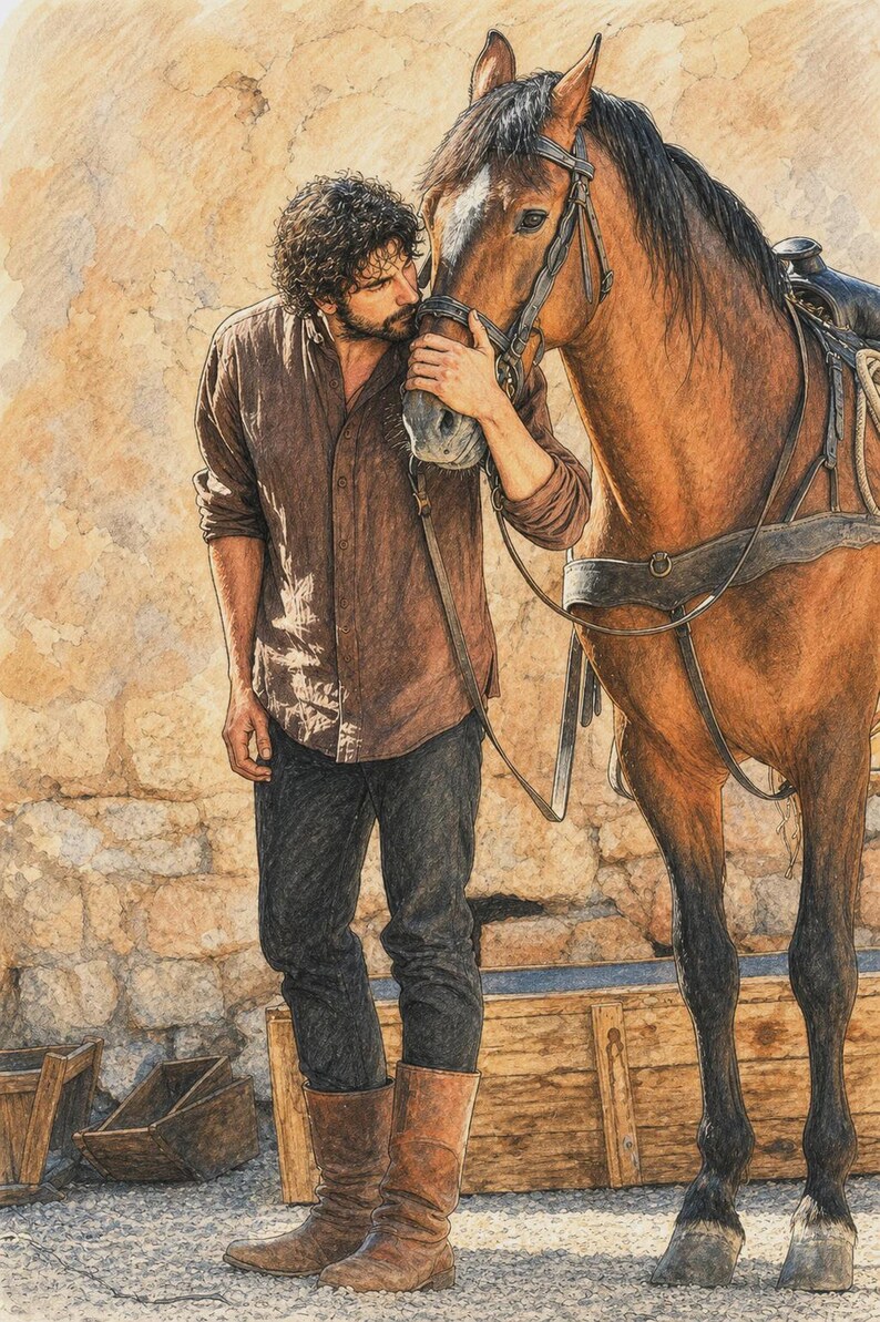 May include: A coloured pencil drawing of a person with curly dark hair wearing a brown button-down shirt, black trousers, and brown leather boots, standing next to a brown horse with a black bridle and saddle, set against a textured stone wall.