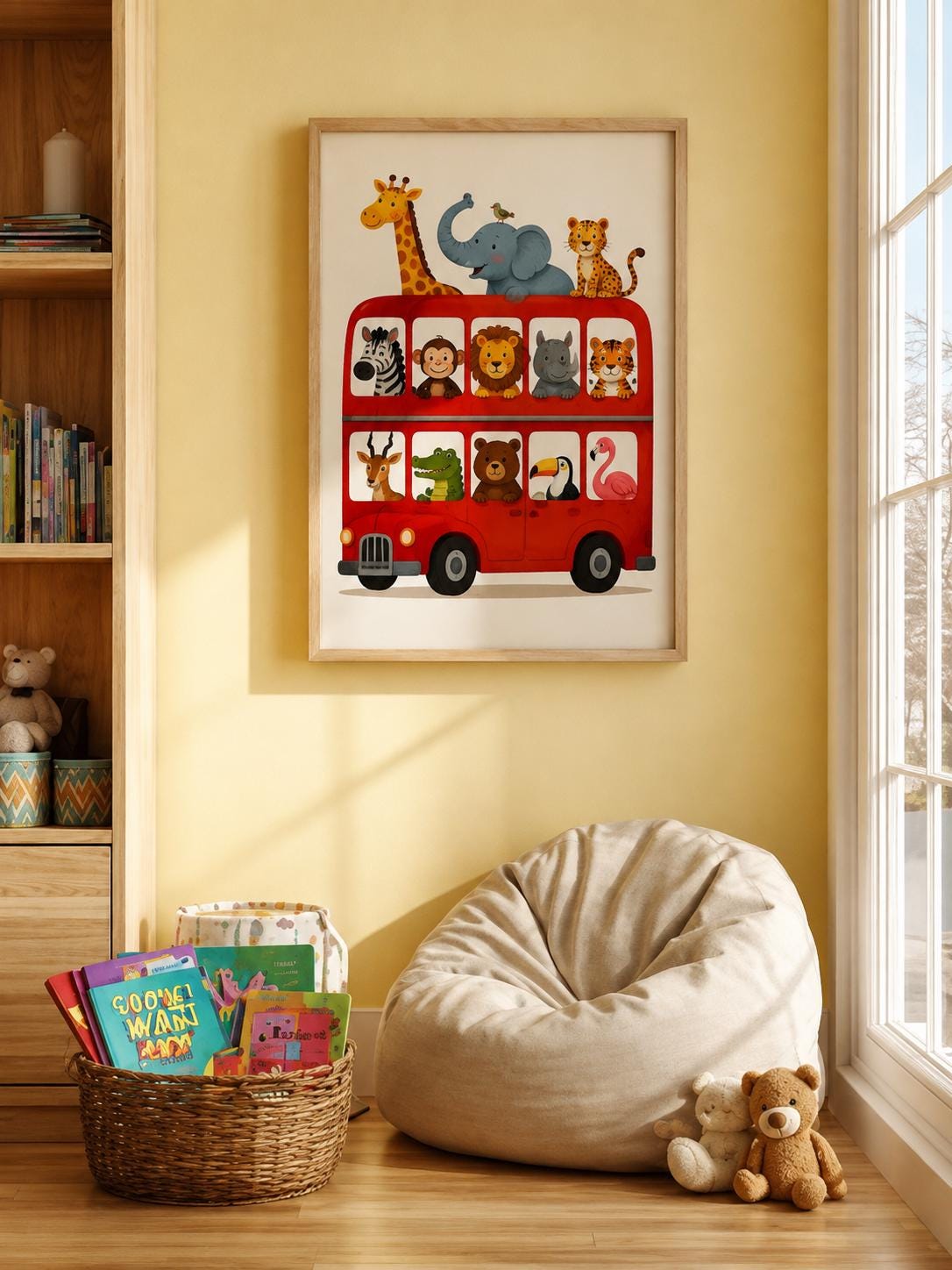 Safari Nursery Decor - Animals on Red Bus Wall Art Print for Kids Room, Zoo Nursery Printable photo 5
