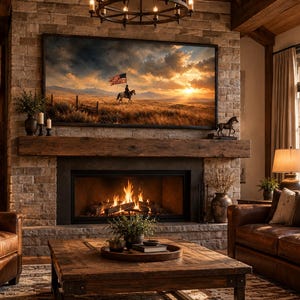 May include: A living room featuring a stone fireplace with a wooden mantel, a large framed landscape painting of a rider holding an American flag in a field, a brown leather sofa, a matching armchair, and a wooden coffee table with a plant.
