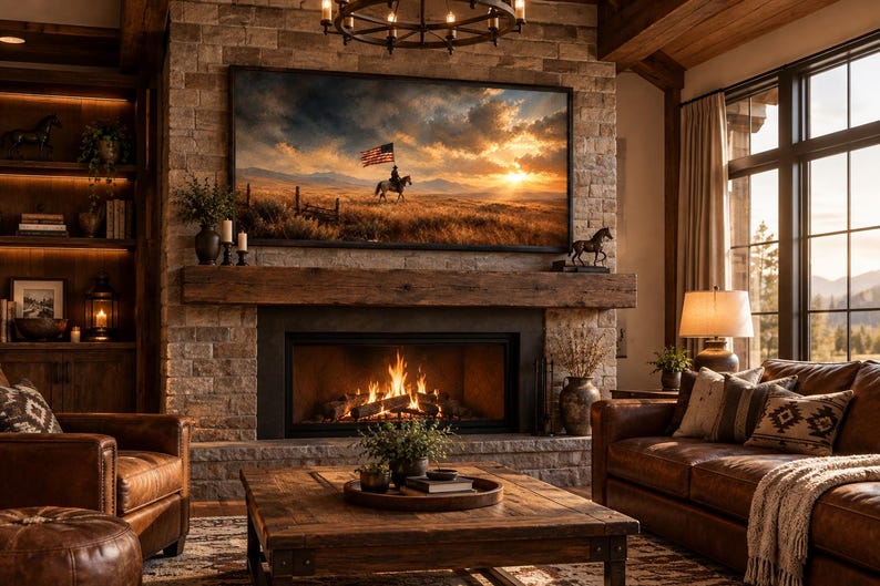 May include: A living room featuring a stone fireplace with a wooden mantel, a large framed landscape painting of a rider holding an American flag in a field, a brown leather sofa, a matching armchair, and a wooden coffee table with a plant.