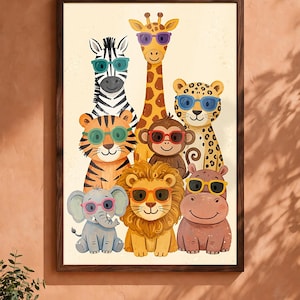 May include: A framed wall art print featuring a group of cartoon animals including a zebra, giraffe, leopard, tiger, monkey, elephant, lion, and hippo. Each animal wears colorful sunglasses against a light cream background.