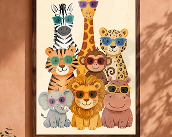 Safari Nursery Wall Art, Funny Safari Animals with Sunglasses Print, Kids Room Decor, Digital Download