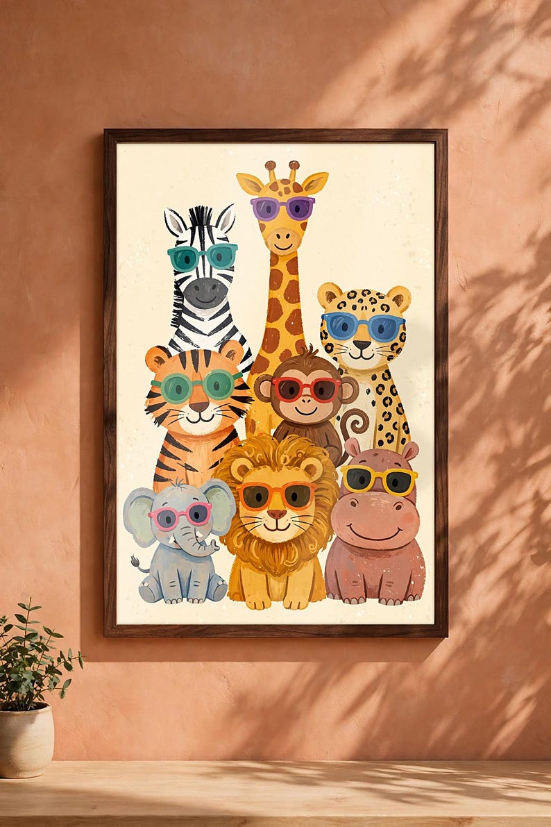 May include: A framed wall art print featuring a group of cartoon animals including a zebra, giraffe, leopard, tiger, monkey, elephant, lion, and hippo. Each animal wears colorful sunglasses against a light cream background.