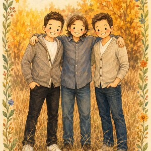 May include: A watercolour illustration of three individuals standing together with arms around each other. They are wearing casual clothing including a grey zip-up hoodie, a blue button-down shirt, and a light grey cardigan, all over white shirts.