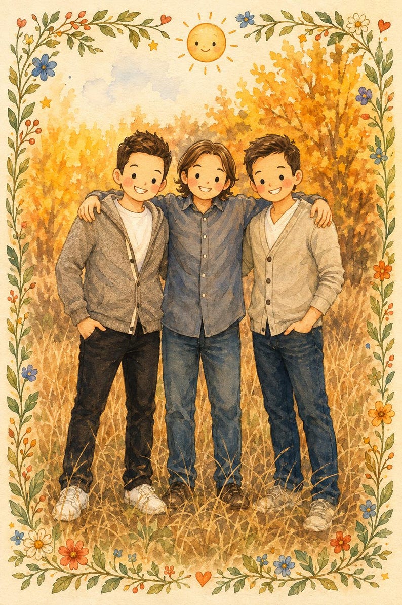 May include: A watercolour illustration of three individuals standing together with arms around each other. They are wearing casual clothing including a grey zip-up hoodie, a blue button-down shirt, and a light grey cardigan, all over white shirts.