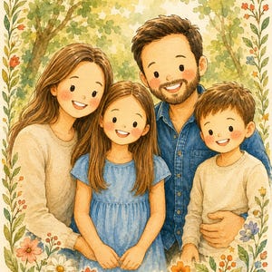 May include: A watercolour illustration of a family of four, including two adults and two children, framed by a border of colourful flowers and greenery. A smiling sun is in the top right corner. The figures are depicted with soft features and warm tones.