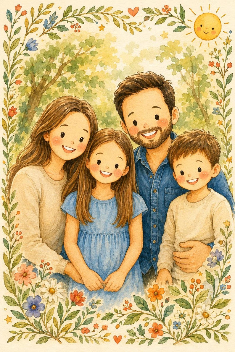 May include: A watercolour illustration of a family of four, including two adults and two children, framed by a border of colourful flowers and greenery. A smiling sun is in the top right corner. The figures are depicted with soft features and warm tones.