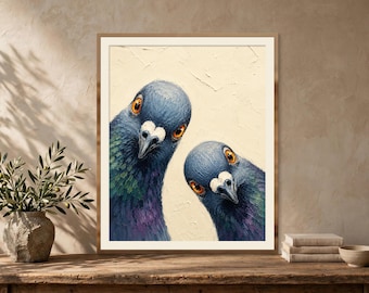 May include: A framed wall art print featuring an oil painting of two pigeons with iridescent blue, green, and purple neck feathers and bright orange eyes, set against a textured cream-colored background with visible brushstrokes.