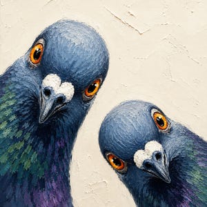 May include: An oil painting on canvas featuring two pigeons with textured blue, purple, and green feathers. The birds have bright orange eyes and white markings on their beaks, set against a thick, cream-coloured impasto background.