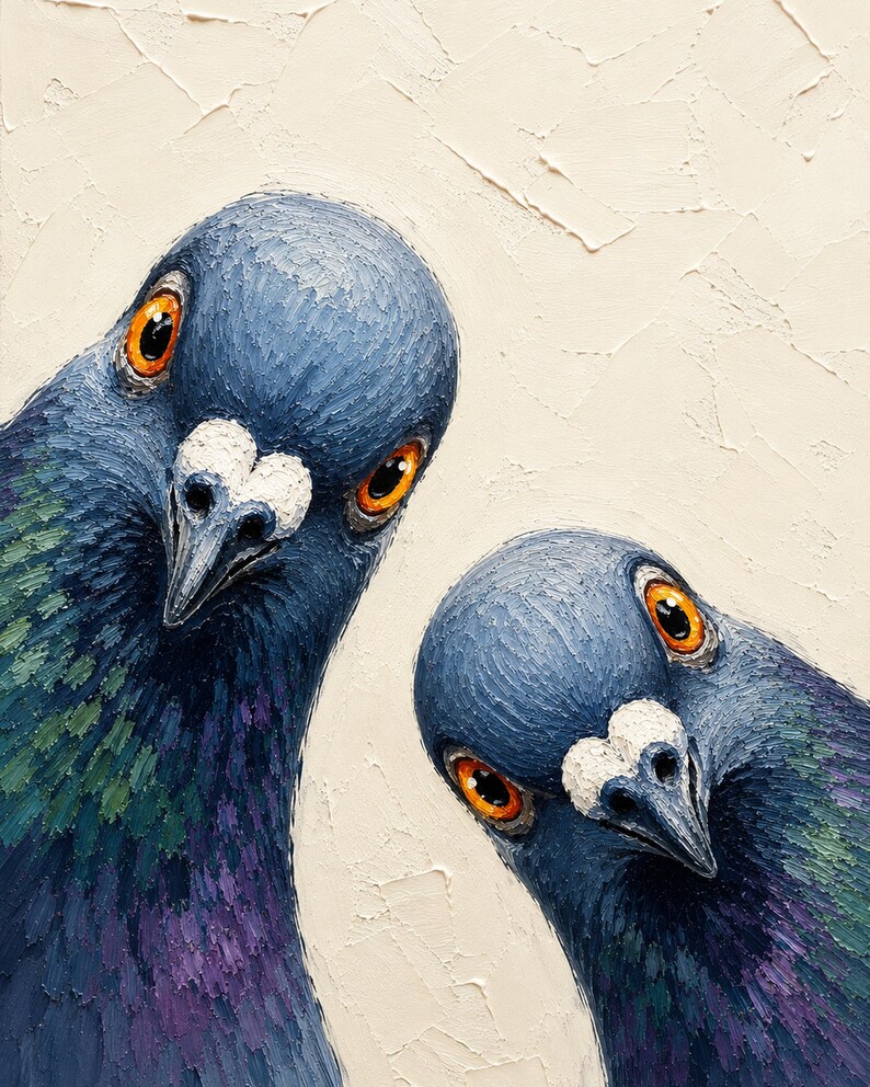 May include: An oil painting on canvas featuring two pigeons with textured blue, purple, and green feathers. The birds have bright orange eyes and white markings on their beaks, set against a thick, cream-coloured impasto background.