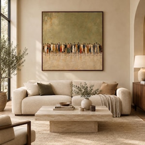 May include: A large square wall art piece featuring a textured, muted green and beige background with a horizontal row of numerous small, abstract figures in varied colorful attire standing together in a dense, uniform line across the center.